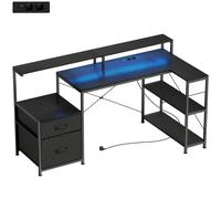 HOMCOM Bureau Gaming d'Angle 165 x 80 cm, Éclairage LED et Station de Charge, Support pour 2 Écrans et 2 Tiroirs en Tissu, Noir