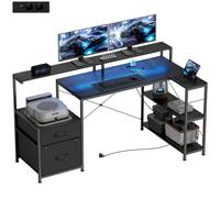 HOMCOM Bureau Gaming d'Angle 165x80cm, Éclairage LED et Station de Charge | Bureau Gaming avec Support pour 2 Écrans et 2 Tiroirs en Tissu pour Formats A4, Letter et Legal, Noir