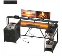 HOMCOM Bureau Gaming d'Angle avec Hub de Recharge, Lumières LED et Support Écran, en Bois et Acier, 192.5x80x86.5 cm, Noir