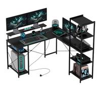 HOMCOM Bureau Gaming en Forme de L, 137 x 140 x 139,5 cm, Noir | Pivotant 360° tabouret bar chaise cuisine tabouret bistro similicuir dossier repose-pieds cuisine bar salle manger