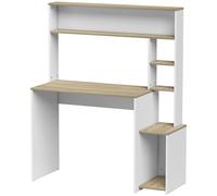 HOMCOM Bureau Informatique, 114 x 45 x 138 cm, Bureau avec Rangement, Étagères Ouvertes et Support UC, Blanc et Bois Naturel