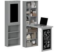HOMCOM Bureau Informatique Pliable, Bureau avec Bibliothèque, Poste de Travail, Tableau Noir, 9 Compartiments Ouverts et Étagère Réglable, Table d'Ordinateur pour Chambre, 98x51x153cm, Gris
