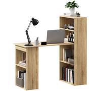 HOMCOM Bureau Informatique avec étagère de rangement Bureau d'angle bibliothèque adjacente Multi-rangements Chêne