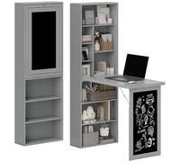 HOMCOM Bureau Informatique Pliable, Bureau avec Bibliothèque, Poste de Travail, Tableau Noir, 9 Compartiments Ouverts et Étagère Réglable, Table d'Ordinateur pour Chambre, 98x51x153cm, Gris