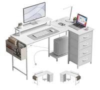 HOMCOM Bureau L réversible, tiroirs, Ports USB, 150x80 cm, Blanc | Bureau d'angle PC, prises, support moniteur, station home office, support PC, gaming, étude