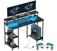 HOMCOM Bureau Ordinateur réversible étagères Prises 120x50cm Noir | Bureau de bureau, lumières LED, bureau d'ordinateur pour étude, support double moniteur