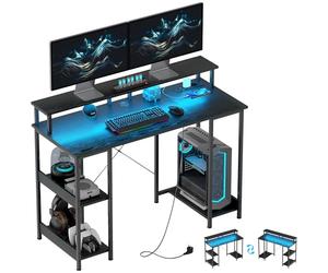 HOMCOM Bureau Ordinateur réversible étagères Prises 120x50cm Noir | Bureau de bureau, lumières LED, bureau d'ordinateur pour étude, support double moniteur