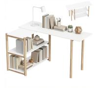 HOMCOM Bureau Pliable Bureau d'Ordinateur 148 x 40 x 68 cm Blanc Chêne | Moderne, Étagères de Rangement, Cadre en Bambou, Montage Facile, Poste de Travail pour Domicile, Chambre