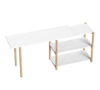 HOMCOM Bureau pliable, bureau d'ordinateur moderne avec étagères de rangement et cadre en bambou, blanc et chêne