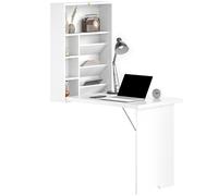 HOMCOM Bureau Pliable Mural avec étagères de Rangement, Bureau Rabattable, Table Murale Pliante, Gain de Place idéal pour Salon, Salle à Manger, Petit Espace, Blanc