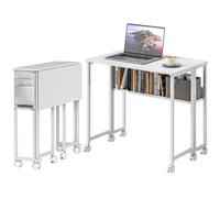 HOMCOM Bureau Pliant Gain de Place à Rabat avec Étagère, Pochette de Rangement et Roues, Blanc