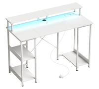 HOMCOM Bureau pour Ordinateur Réversible avec Étagères, 120x50 cm, avec Prises Électriques et Lumières LED, Blanc Effet Bois