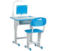 HOMCOM Bureau Scolaire avec Chaise pour Enfants 6-12 Ans, Hauteur réglable, Lampe LED, pupitre de Musique et Porte-stylos, Acier et MDF, Bleu