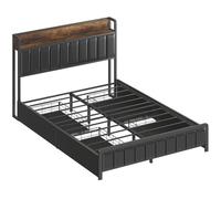 HOMCOM Cadre de lit 140 x 190 cm avec sommier à lattes en métal, lit double rembourré avec 4 tiroirs et étagère, noir
