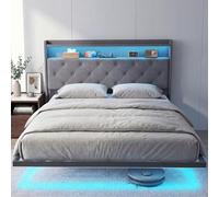 HOMCOM Cadre de lit 140 x 190 cm avec sommier Acier et multiprise, lit 2 Personnes Flottant Robuste avec lumières LED RGB, Musique Sync, tête de lit rembourrée en Lin avec étagères de Rangement, Gris