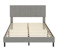 HOMCOM Cadre de Lit 140 x 190 cm avec Sommier et Tête Réglable, Lit Double Rembourré en Lin, Rangement au-dessous, Gris
