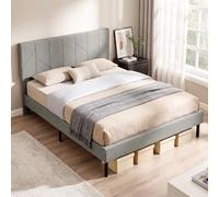 HOMCOM Cadre de Lit 140 x 190 cm avec Sommier et Tête Réglable, Lit Double Rembourré en Lin, Support à Lattes en Bois, Rangement au-Dessous, en Métal Robuste, Montage Facile, pour Chambre, Gris