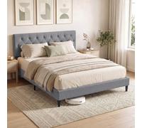 HOMCOM Cadre de Lit 140 x 190 cm avec Sommier, Tête Capitonnée, Gris | Lit Double Rembourré en Lin, Support à 10 Lattes, Garnissage en Mousse, Pieds en Acier Robustes