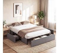 HOMCOM Cadre de lit 140 x 190 cm, lit Double rembourré avec 3 tiroirs, sommier à Lattes, recouvert en Tissu de Lin, Cadre en métal, sans Bruit, Patins réglables, Montage Facile, Gris