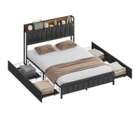 HOMCOM Cadre de lit 140 x 190 cm Sommier à Lattes Métal Noir | Lit Double Rembourré Cuir Synthétique, Pied et Tête Inclus, Étagère, 4 Tiroirs, Sans Bruit, Style Industriel