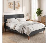 HOMCOM Cadre de Lit 140 x 200 cm avec Sommier Bois Lit Double 9 Pieds Gris | Rembourré Effet Lin, Robustes, Supporte 500 KG, Tête de Lit Quadrillé, Rangement au-dessous, Sans Bruit, Montage Facile