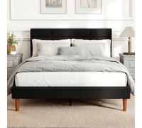 HOMCOM Cadre de Lit 140 x 200 cm avec Sommier Bois Lit Double 9 Pieds Noir | Rembourré Effet Lin, Robustes, Supporte 500 KG, Tête de Lit Quadrillé, Rangement au-dessous, Sans Bruit, Montage Facile