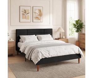 HOMCOM Cadre de Lit 140 x 200 cm avec Sommier Bois Lit Double 9 Pieds Noir | Rembourré Effet Lin, Robustes, Supporte 500 KG, Tête de Lit Quadrillé, Rangement au-dessous, Sans Bruit, Montage Facile