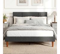 HOMCOM Cadre de Lit 140 x 200 cm avec Sommier Bois, Lit Double Rembourré en Effet Lin, 9 Pieds Robustes Supporte 500 KG, Tête de Lit Quadrillé, Rangement au-Dessous, sans Bruit, Montage Facile, Gris