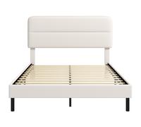 HOMCOM Cadre de lit 140 x 200 cm avec tête de lit réglable, lit rembourré effet lin avec 12 lattes en contreplaqué, Beige