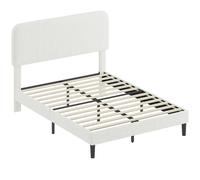 HOMCOM Cadre de Lit 140x190cm avec Sommier, Tête de Lit Réglable, Lit Double Rembourré en Velours Teddy, Lattes en Métal, Blanc