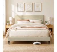 HOMCOM Cadre de Lit 160 x 200 cm avec Sommier en Bois Lit Double Beige | Rembourré en Effet Lin, Cadre en Acier, 9 Pieds Robustes, sans Bruit, Charge 360 kg, Montage Facile