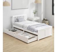 HOMCOM Cadre de Lit 90x190cm en Bois Massif, Lit Coffre avec 2 Tiroirs sur roulettes, Tête de Lit, Pied de Lit, Sommier à Lattes, sans Bruit, Blanc