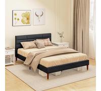 HOMCOM Cadre de lit Double 140 x 200 cm lit 2 Personnes - Hauteur 17 cm, sommier à Lattes et tête de lit capitonnée - en Bois et Tissu, Noir