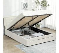 HOMCOM Cadre de lit Double 140 x 200 cm pour 2 Personnes - Levage de gaz, Espace de Rangement, tiroir à roulettes, tête de lit réglable et sommier à Lattes en Bois, capitonnée Effet Velours, crème