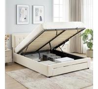 HOMCOM Cadre de Lit Double 140 x 200 cm pour 2 Personnes Levage Gaz Crème | Espace de Rangement, Tiroir à Roulettes, Tête de Lit Réglable, Sommier à Lattes en Bois, Capitonnée Effet Velours
