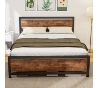 HOMCOM Cadre de Lit Double Acier avec Sommier 200 x 160 cm Brun Rustique | Tête de Lit, Compatible Matelas