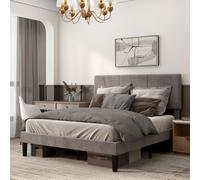 HOMCOM Cadre de Lit Double avec Sommier 140 x 190 cm Tête Réglable Gris | Lit 2 Personnes, Cadre Métallique, Rangement, Montage Facile