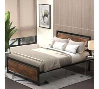 HOMCOM Cadre de Lit Double avec Sommier 190 x 140 cm Aspect Bois Foncé | en Acier, Tête de Lit, Compatible Matelas