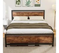 HOMCOM Cadre de lit Double en Acier avec sommier et tête de lit Compatible Matelas 200 x 160 cm Brun Rustique