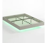HOMCOM Cadre de lit flottant 140 x 190 cm avec éclairage LED, lit double rembourré en lin, sommier à lattes en bois, beige