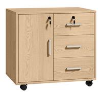 HOMCOM Caisson bureau meuble de rangement verrouillable avec 3 tiroirs et étagère réglable, roulettes, 40 x 60 x 56 cm, marron clair