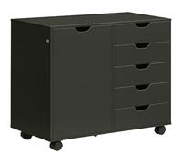 HOMCOM Caisson Bureau Mobile 5 Tiroirs 1 Porte 78x40x66,5cm Noir | Étagère Réglable, Meuble Rangement Bureau, Caisson de Rangement sur Roulettes, pour Documents et Papeterie