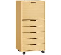 HOMCOM Caisson de bureau avec 5 tiroirs, roulettes et armoire avec fermeture douce Support pour imprimante Naturel