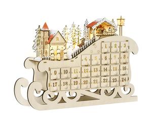 HOMCOM Calendrier de l'Avent de Noël décoration Noël en traîneau avec tiroir de compte à rebours de 24 jours lumières LED bois naturel Aosom France
