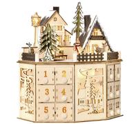 HOMCOM Calendrier de l'Avent de Noël réutilisable en bois avec lumières LED, 24 tiroirs, scène de village, 25x20x29 cm, naturel