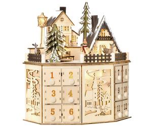 HOMCOM Calendrier de l'Avent de Noël réutilisable en bois avec lumières LED, 24 tiroirs, scène de village, 25x20x29 cm, naturel