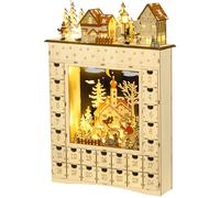 HOMCOM Calendrier de l'Avent LED en forme de village enneigé avec 24 tiroirs décoration lumineuse de Noël beige