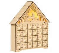 HOMCOM Calendrier de l'Avent maison en bois avec 24 Tiroirs Bois Naturel | À Remplir, 5 Lumières LED, Décoration de Noël Réutilisable, Cadeau Enfants Adultes