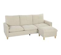 HOMCOM Canapé 3 places avec pouf de rangement, canapé d'angle modulable 210 cm, assise large, tissu aspect lin, crème BLANC