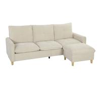HOMCOM Canapé 3 places avec pouf de rangement, canapé d'angle modulable 210 cm, assise large, tissu aspect lin, crème